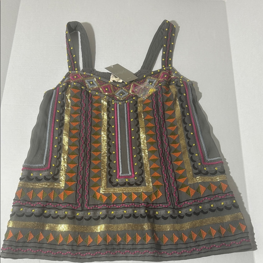 Anthropologie Gray Tank with Pink and Gold Embroidery